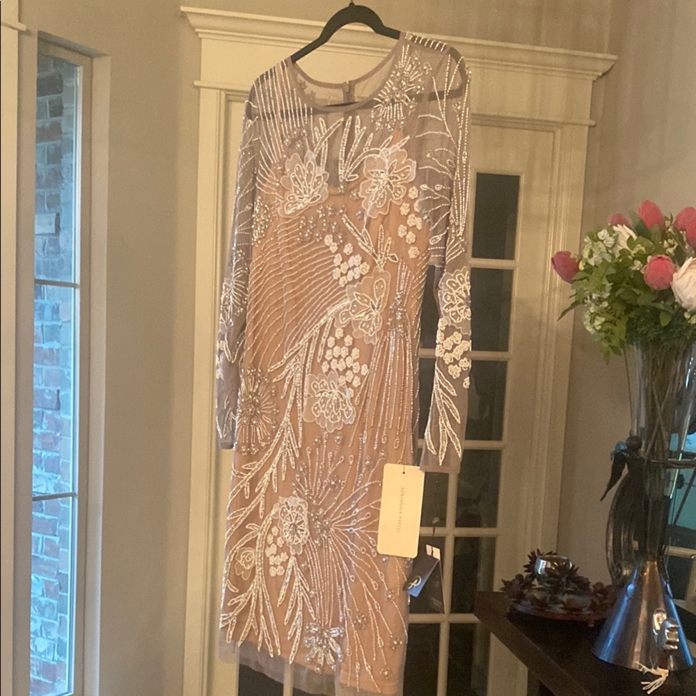 Adrianna Papell Tan and Gold Sheath Dress with Bishop Sleeves - Picture 5 of 5